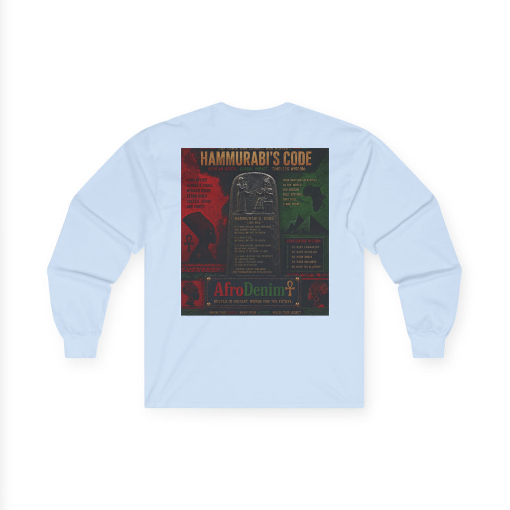 Long Sleeve Tee — Hammurabi's Code AfroDenim Graphic