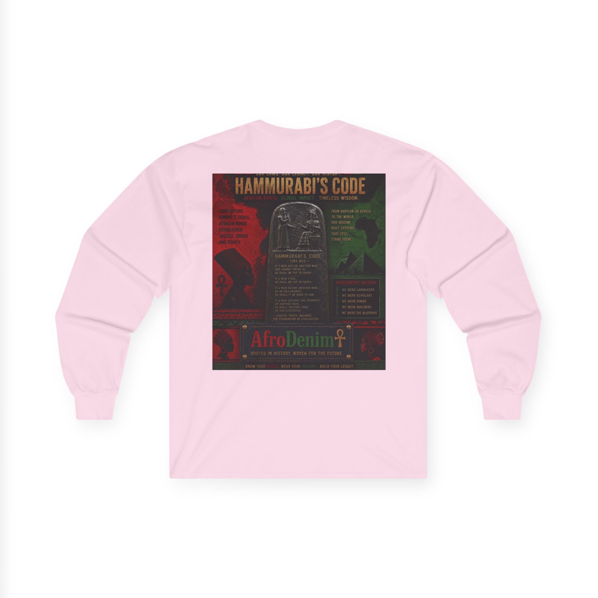 Long Sleeve Tee — Hammurabi's Code AfroDenim Graphic