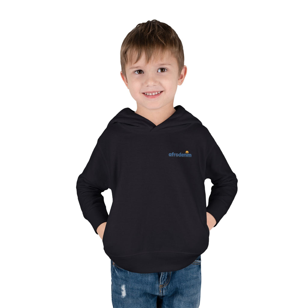 Toddler Hoodie — Retro Dinosaur Badge Pullover ("afrorodim" Chest Logo)