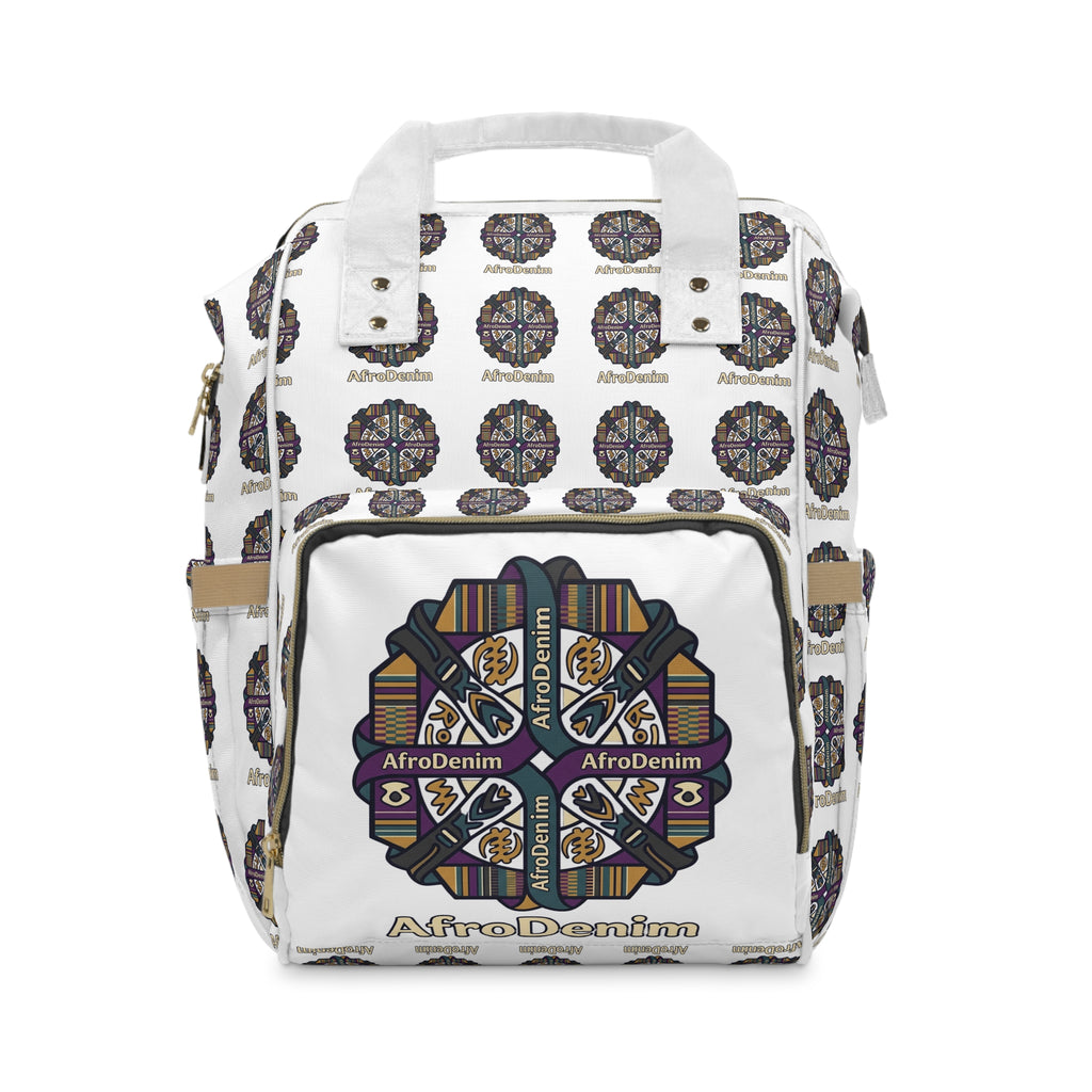 AfroDenim Pattern Multifunctional Diaper Backpack — Stylish Baby Bag with Ethnic Print