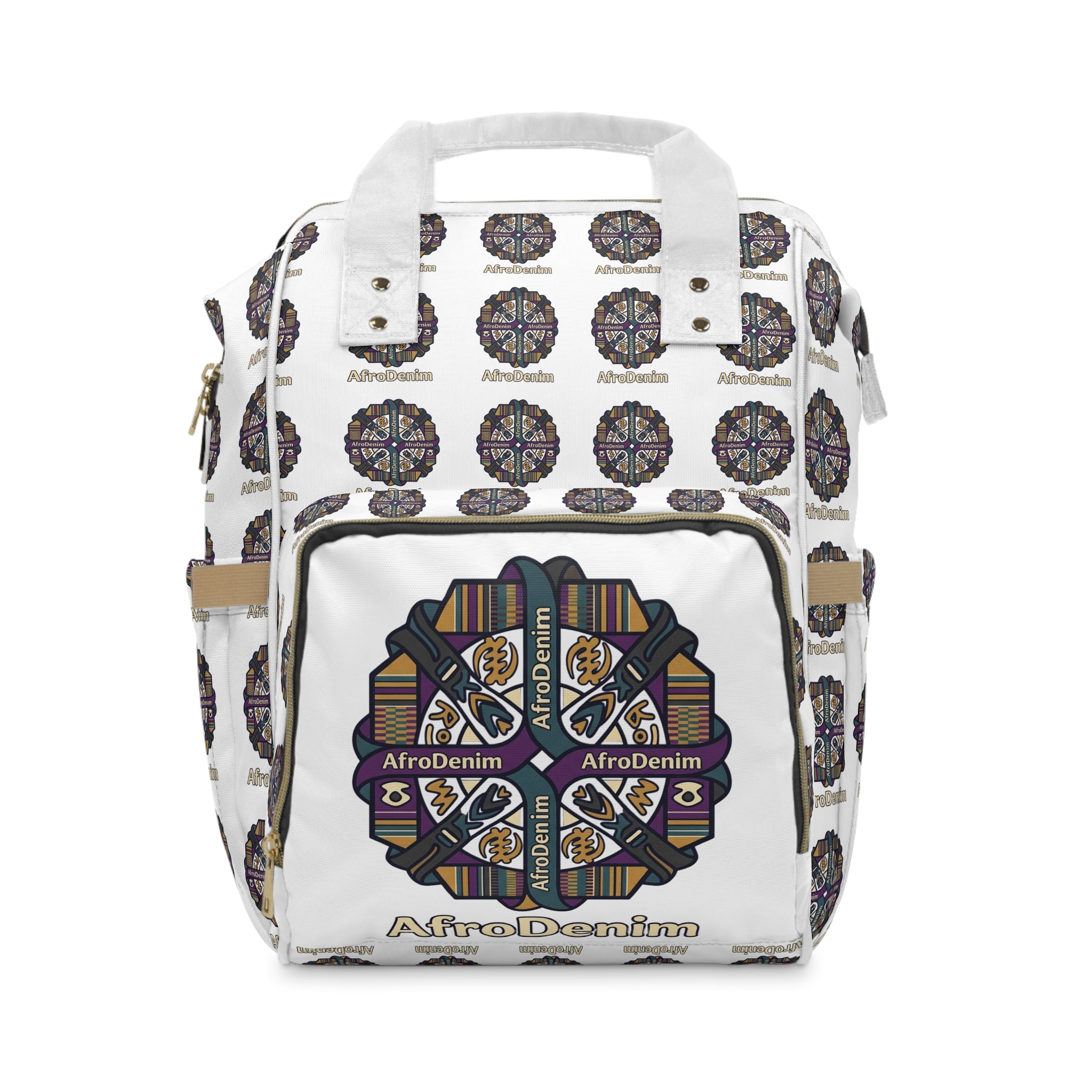 AfroDenim Pattern Multifunctional Diaper Backpack — Stylish Baby Bag with Ethnic Print