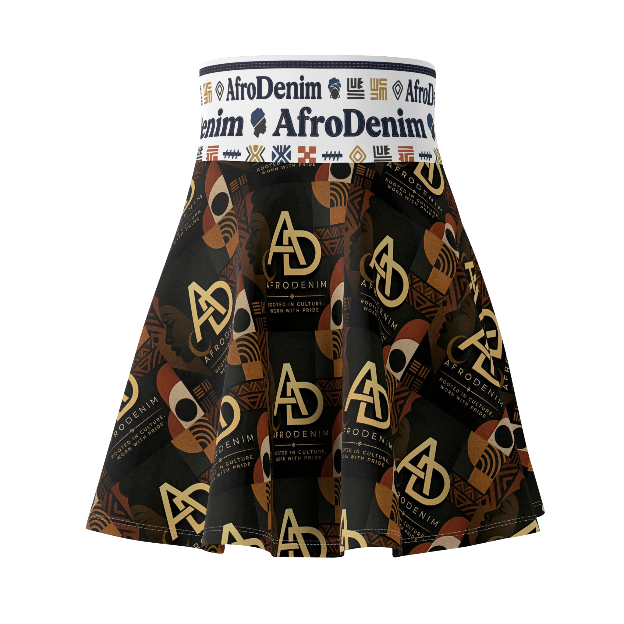 AfroDenim Patterned Skater Skirt — Afrocentric Logo Print