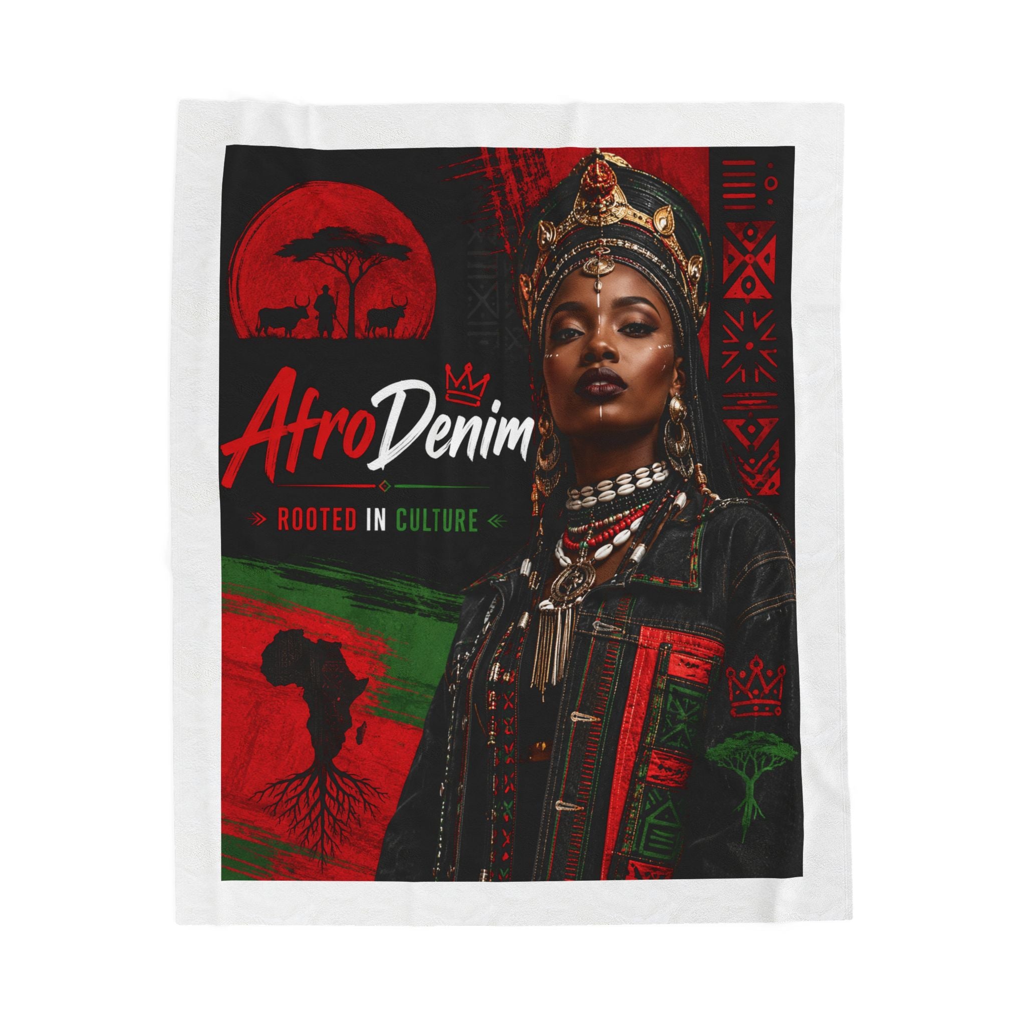 Velveteen Plush Blanket - AfroDenim “Rooted in Culture” African Queen Throw