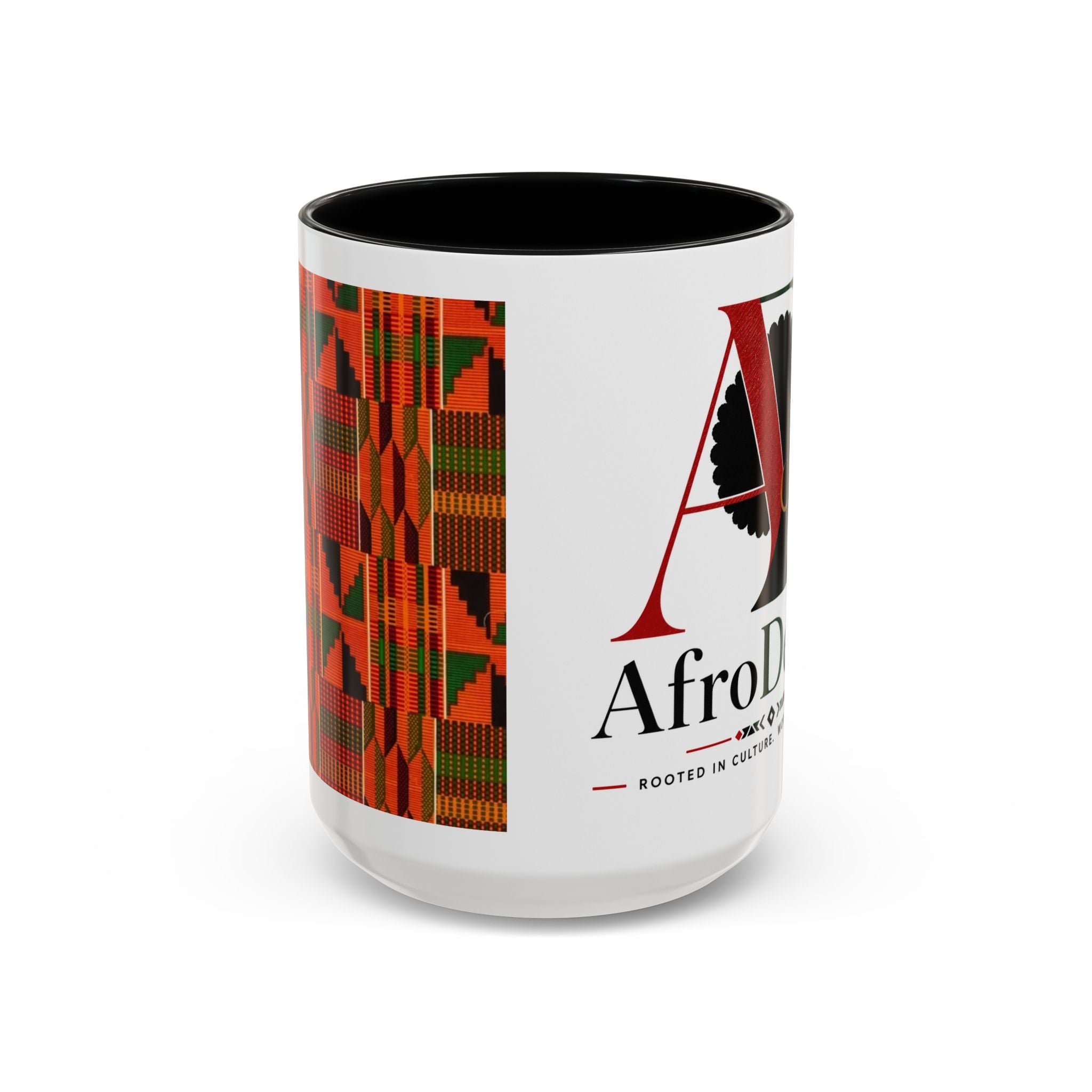 AfroDenim Accent Coffee Mug – Kente Stripe & Afro Silhouette (11/15oz)