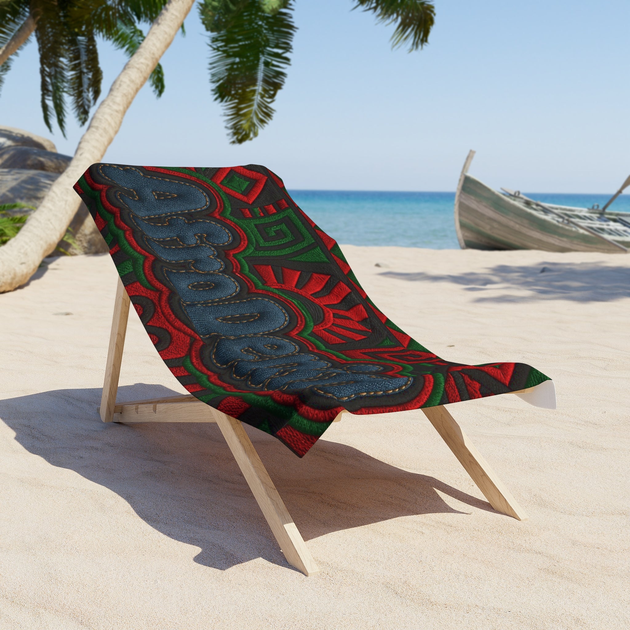 AfroDenim Beach Towel — Bold Afrocentric Pattern, Red & Green Tribal Sun Design