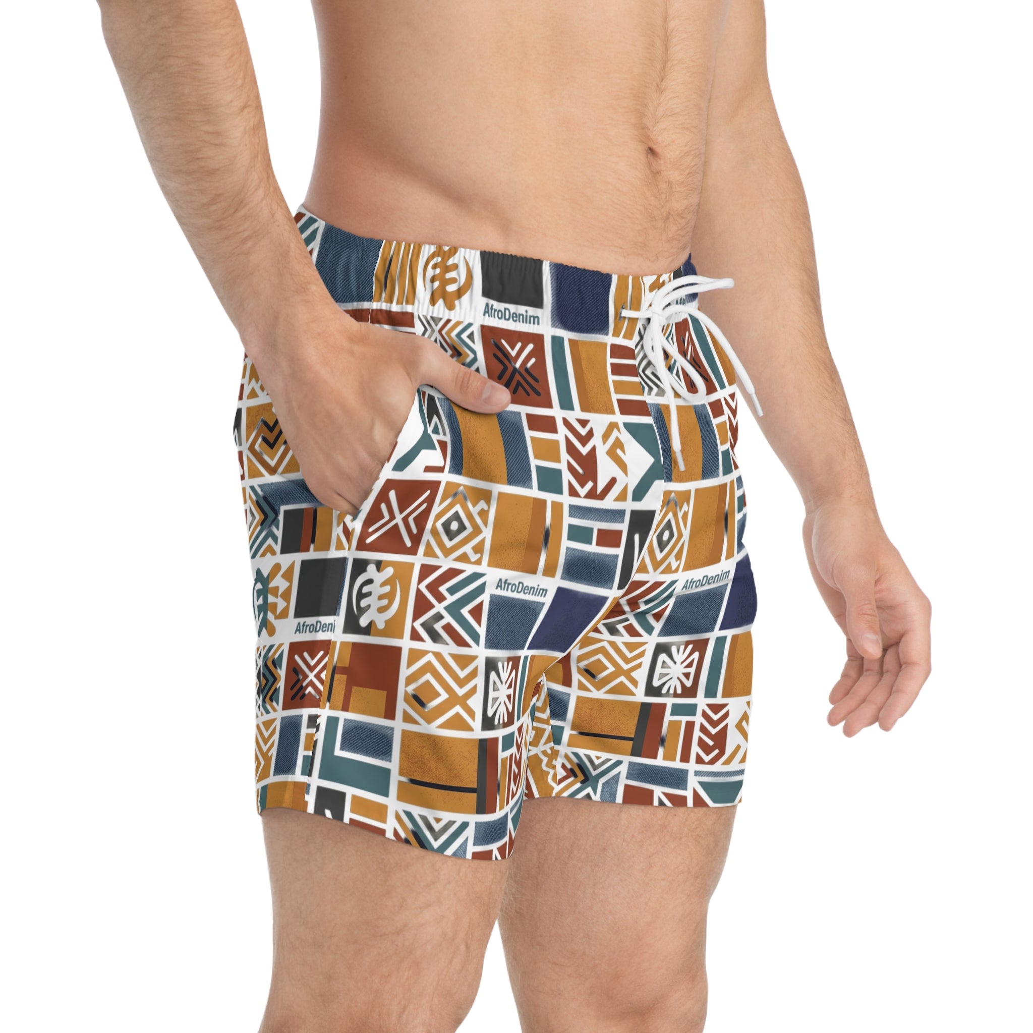 AfroDenim Ethnic Tile Swim Trunks – Colorful Mudcloth Patterned Beach Shorts