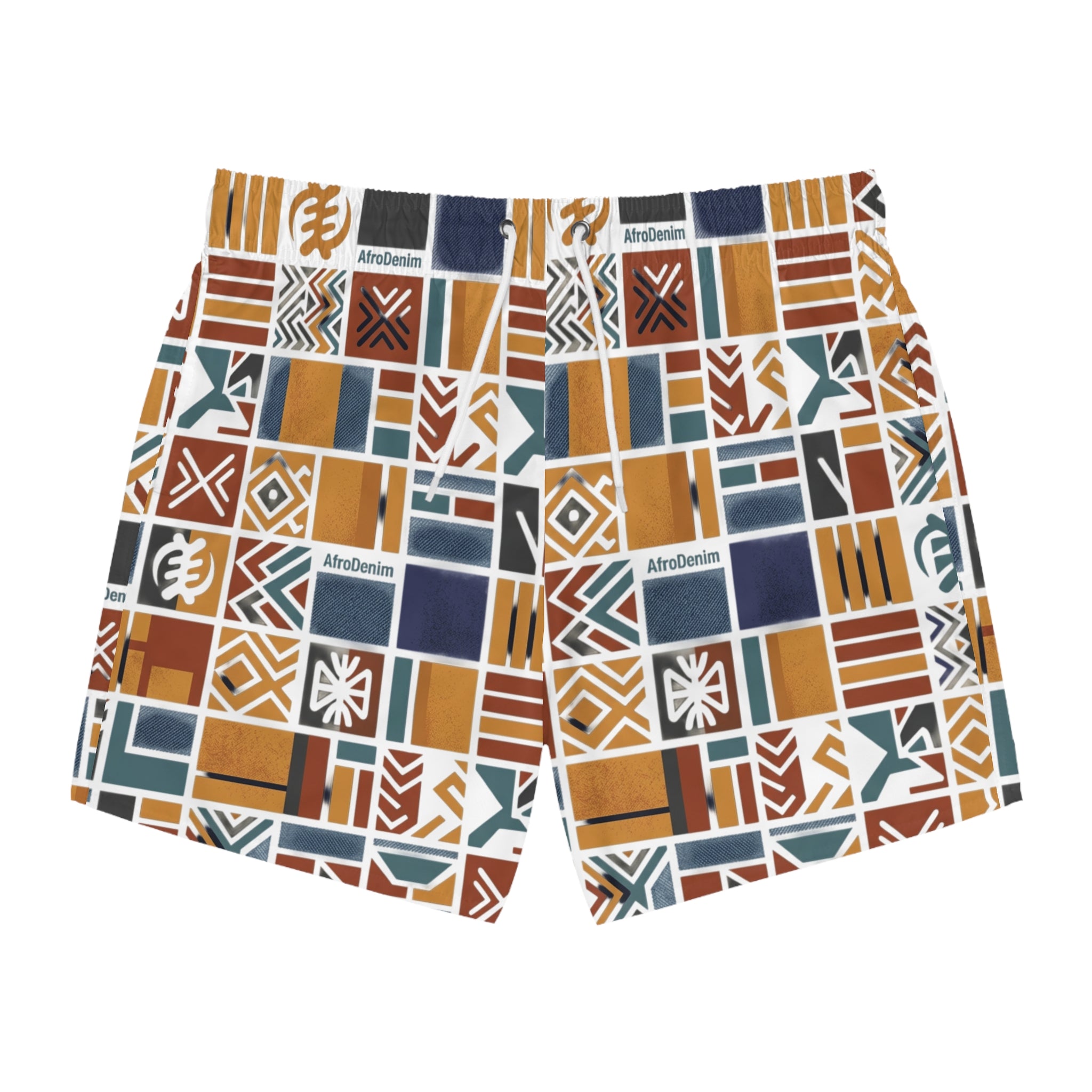 AfroDenim Ethnic Tile Swim Trunks – Colorful Mudcloth Patterned Beach Shorts