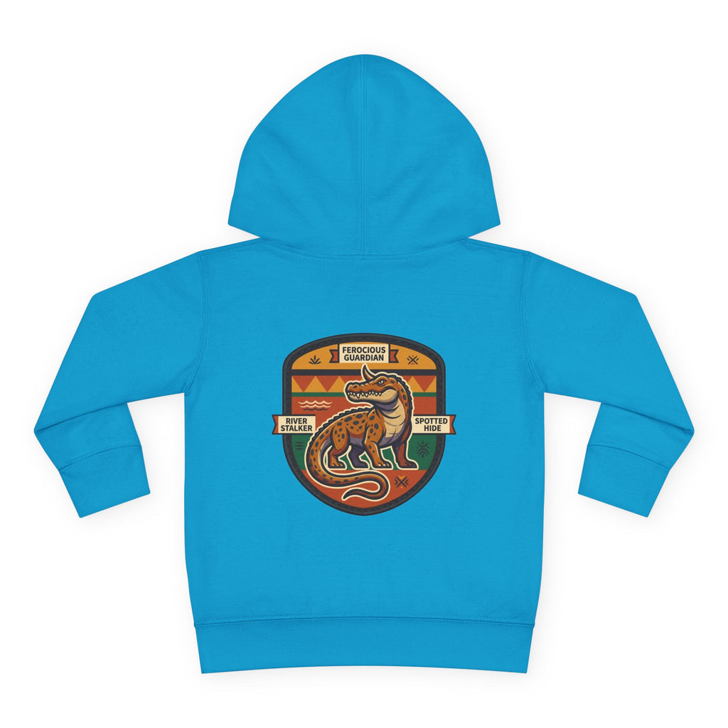 Toddler Hoodie — Retro Dinosaur Badge Pullover ("afrorodim" Chest Logo)