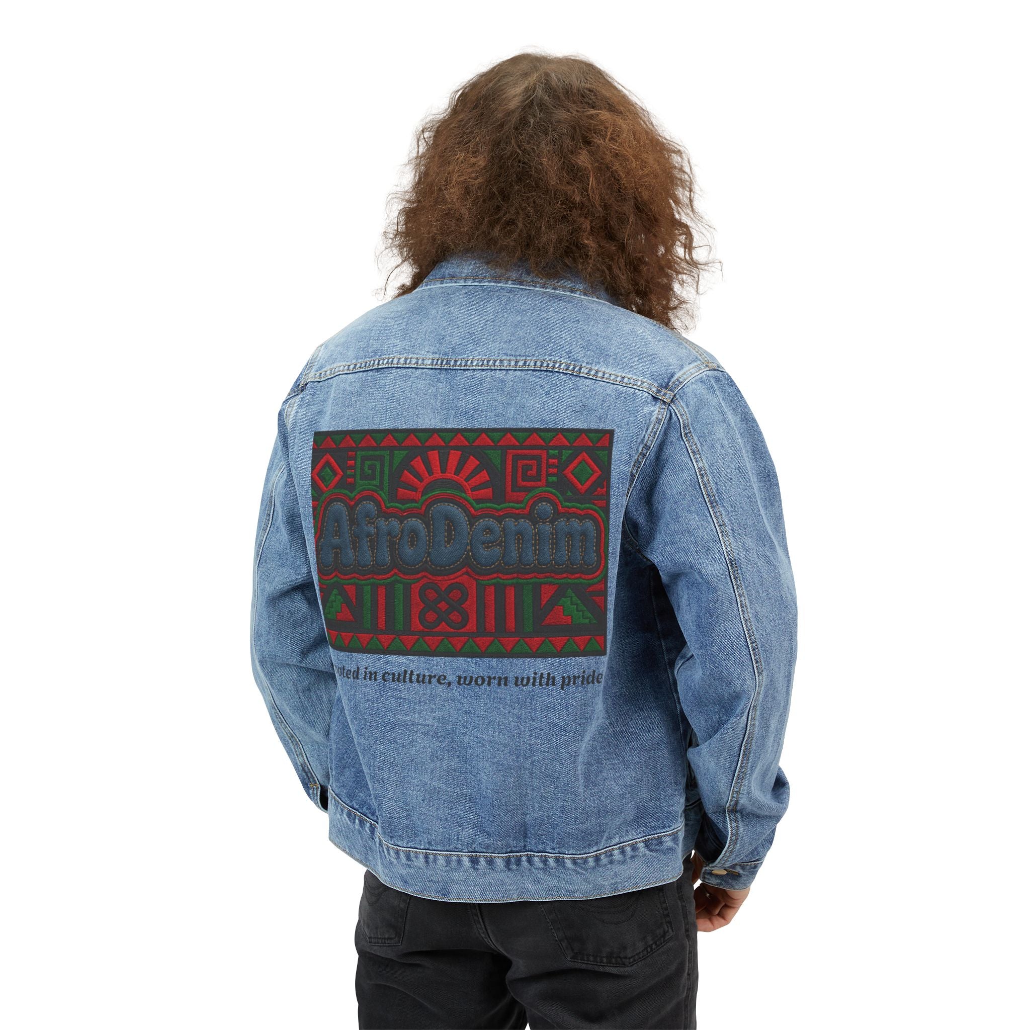 Denim Jacket — AfroDenim Printed Back Panel, Afrocentric Tribal Graphic