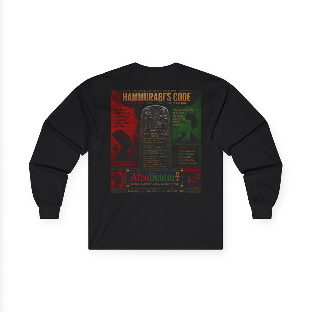 Long Sleeve Tee — Hammurabi's Code AfroDenim Graphic