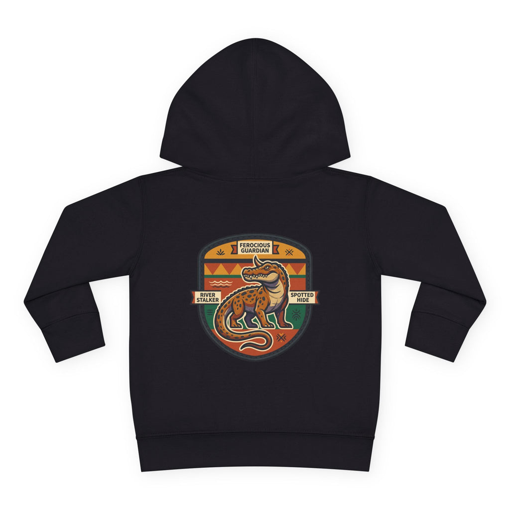 Toddler Hoodie — Retro Dinosaur Badge Pullover ("afrorodim" Chest Logo)