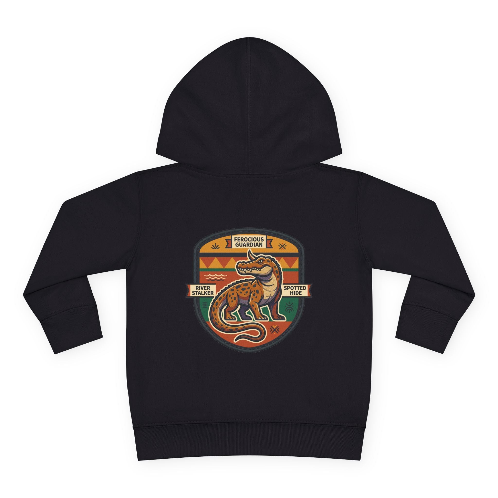 Toddler Hoodie — Retro Dinosaur Badge Pullover ("afrorodim" Chest Logo)
