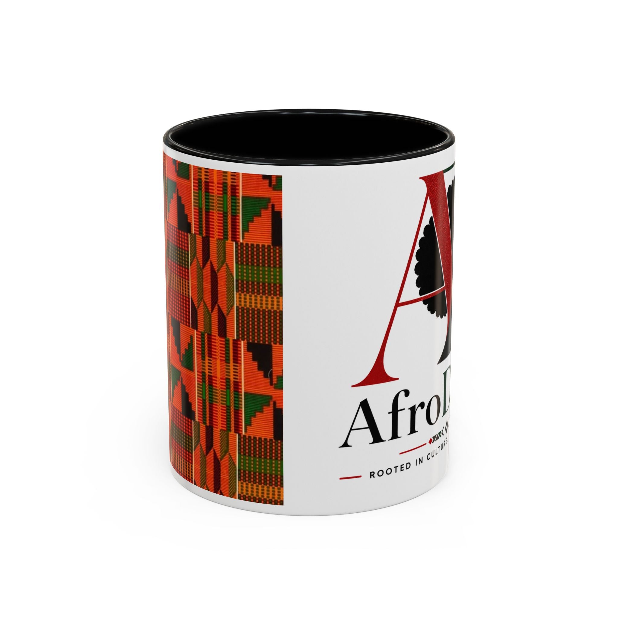 AfroDenim Accent Coffee Mug – Kente Stripe & Afro Silhouette (11/15oz)
