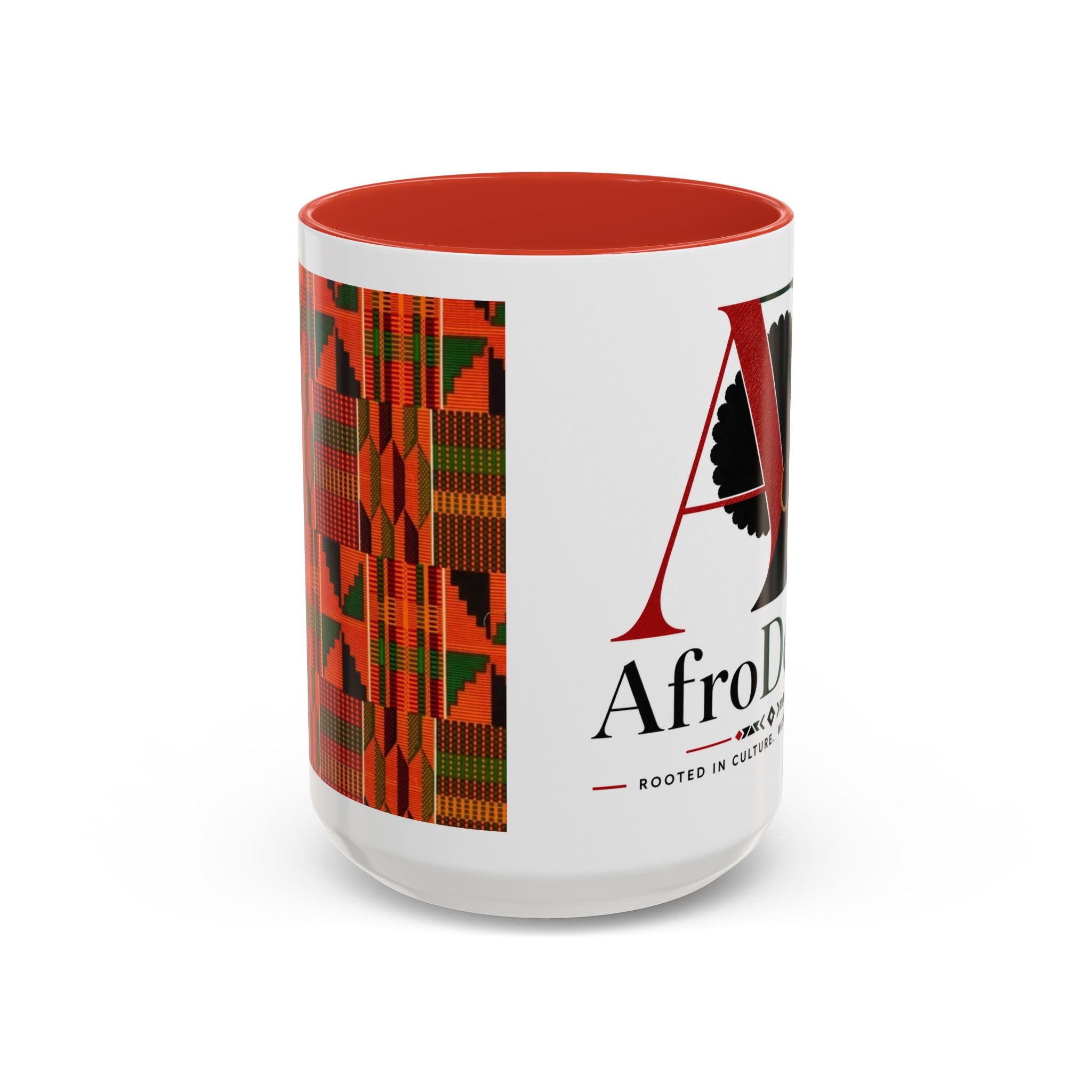 AfroDenim Accent Coffee Mug – Kente Stripe & Afro Silhouette (11/15oz)