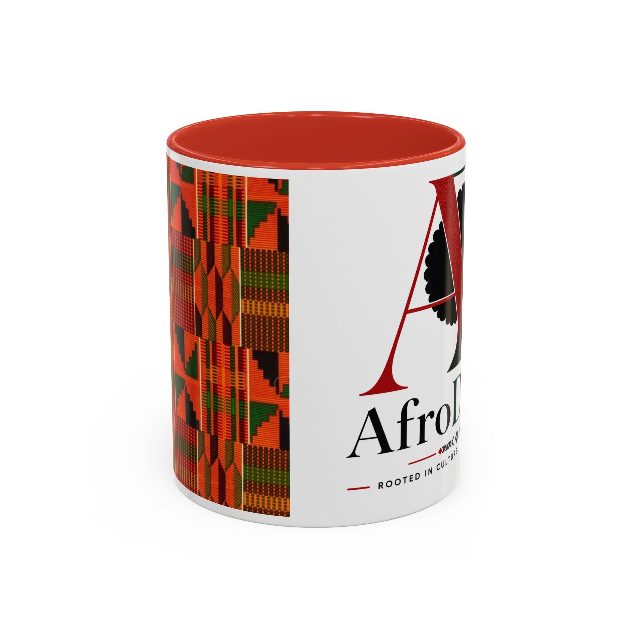 AfroDenim Accent Coffee Mug – Kente Stripe & Afro Silhouette (11/15oz)