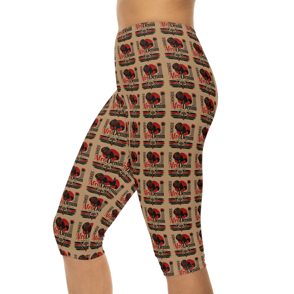 Capri Leggings — Retro Afro Denim Pattern (All-Over Print)