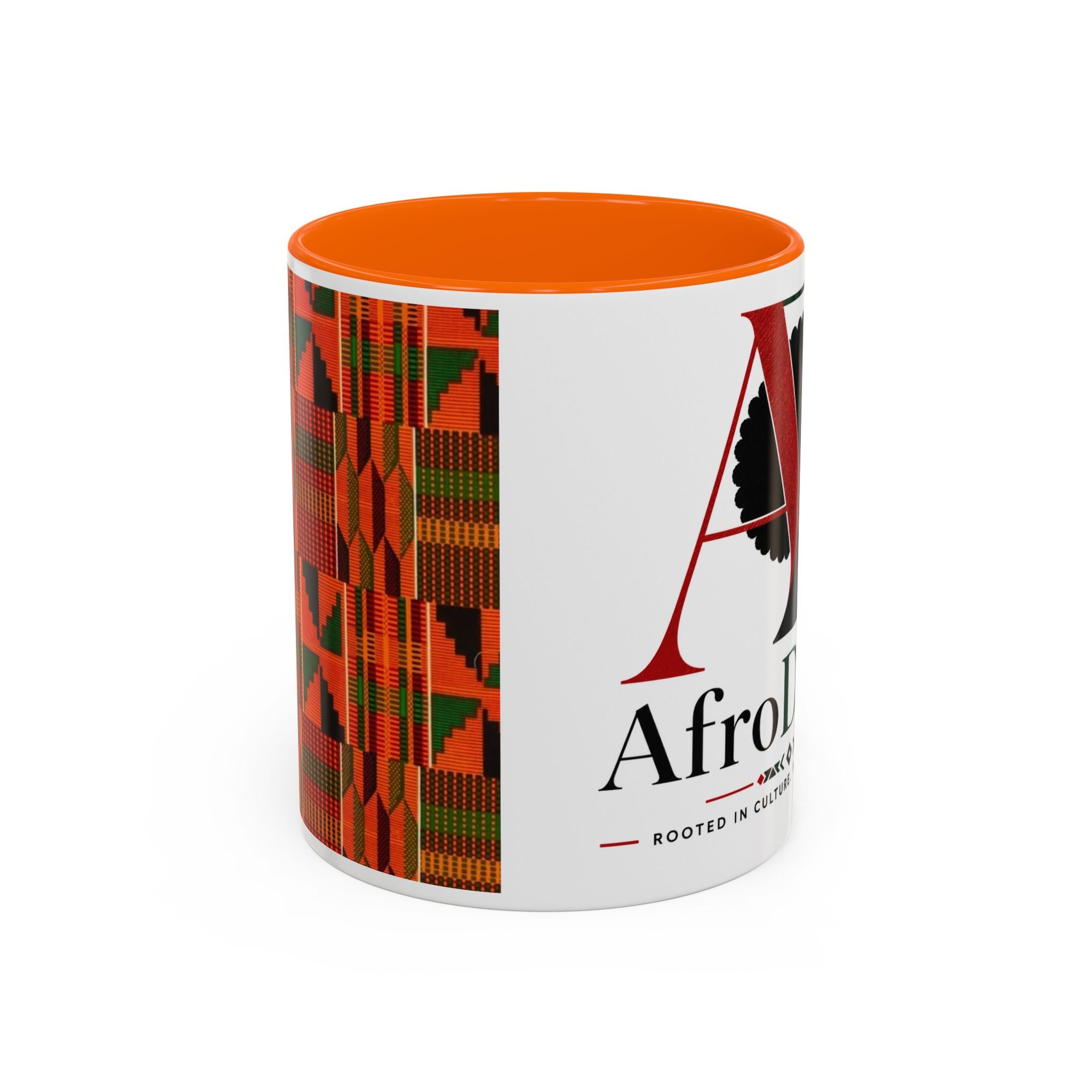 AfroDenim Accent Coffee Mug – Kente Stripe & Afro Silhouette (11/15oz)