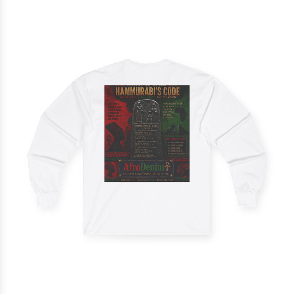 Long Sleeve Tee — Hammurabi's Code AfroDenim Graphic