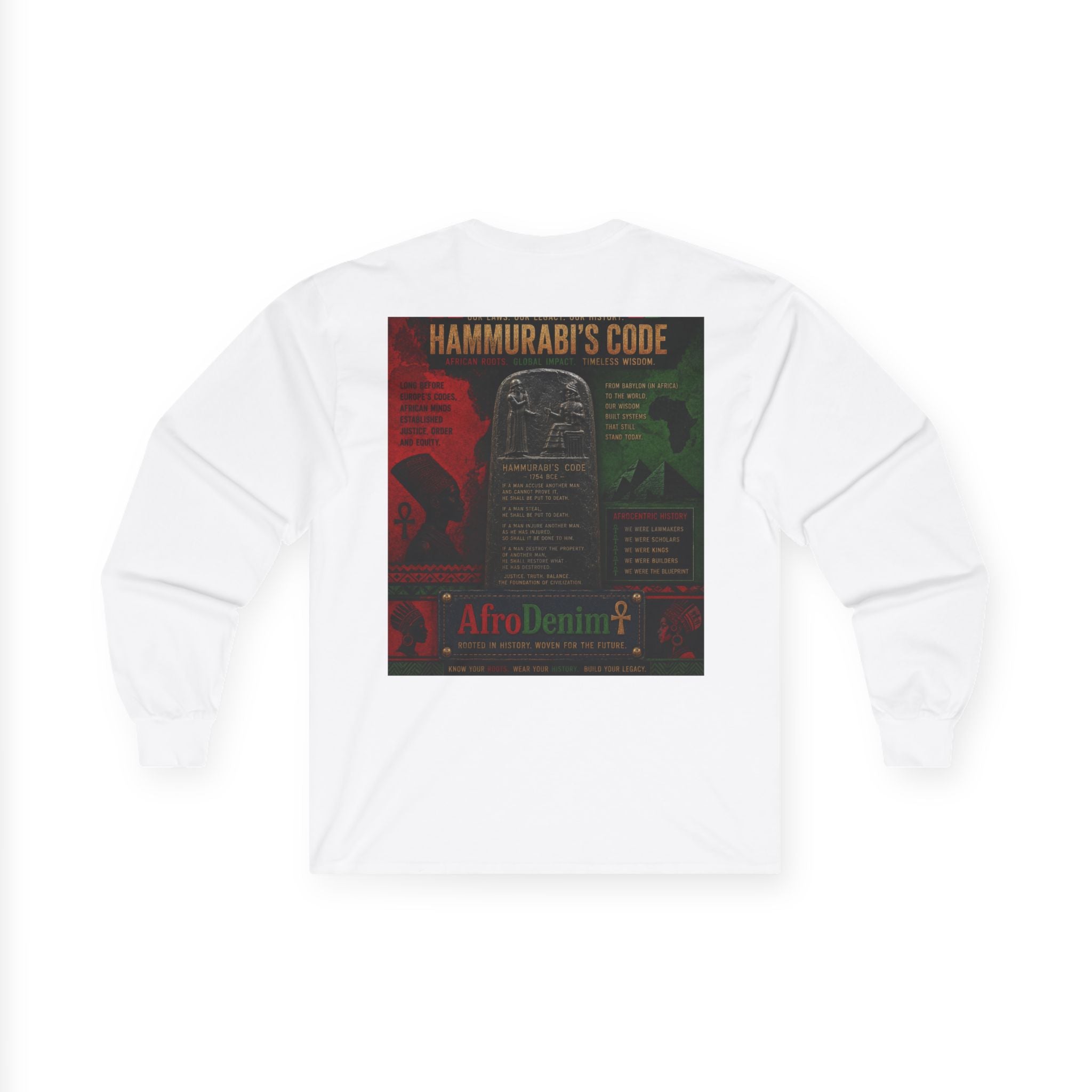Long Sleeve Tee — Hammurabi's Code AfroDenim Graphic