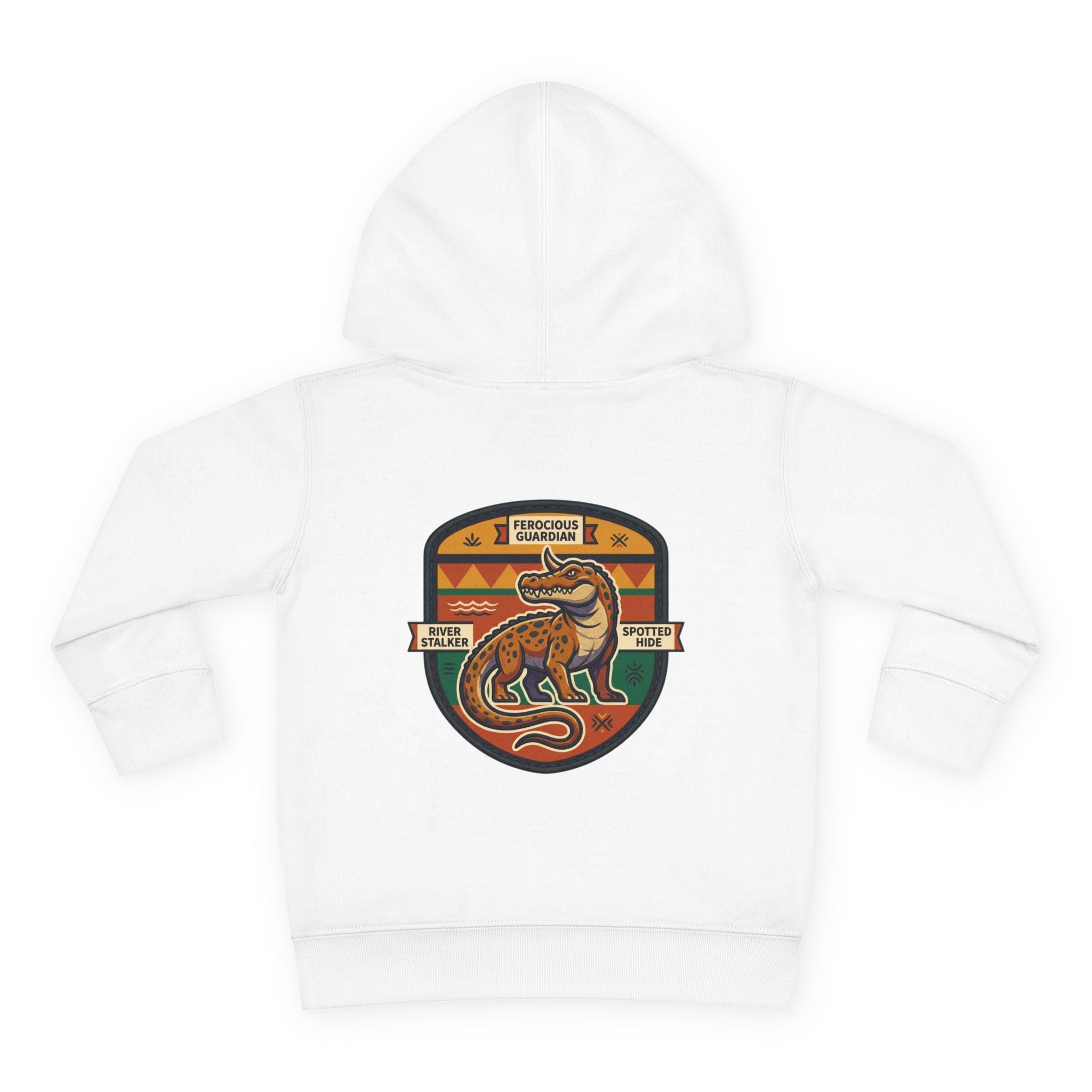 Toddler Hoodie — Retro Dinosaur Badge Pullover ("afrorodim" Chest Logo)