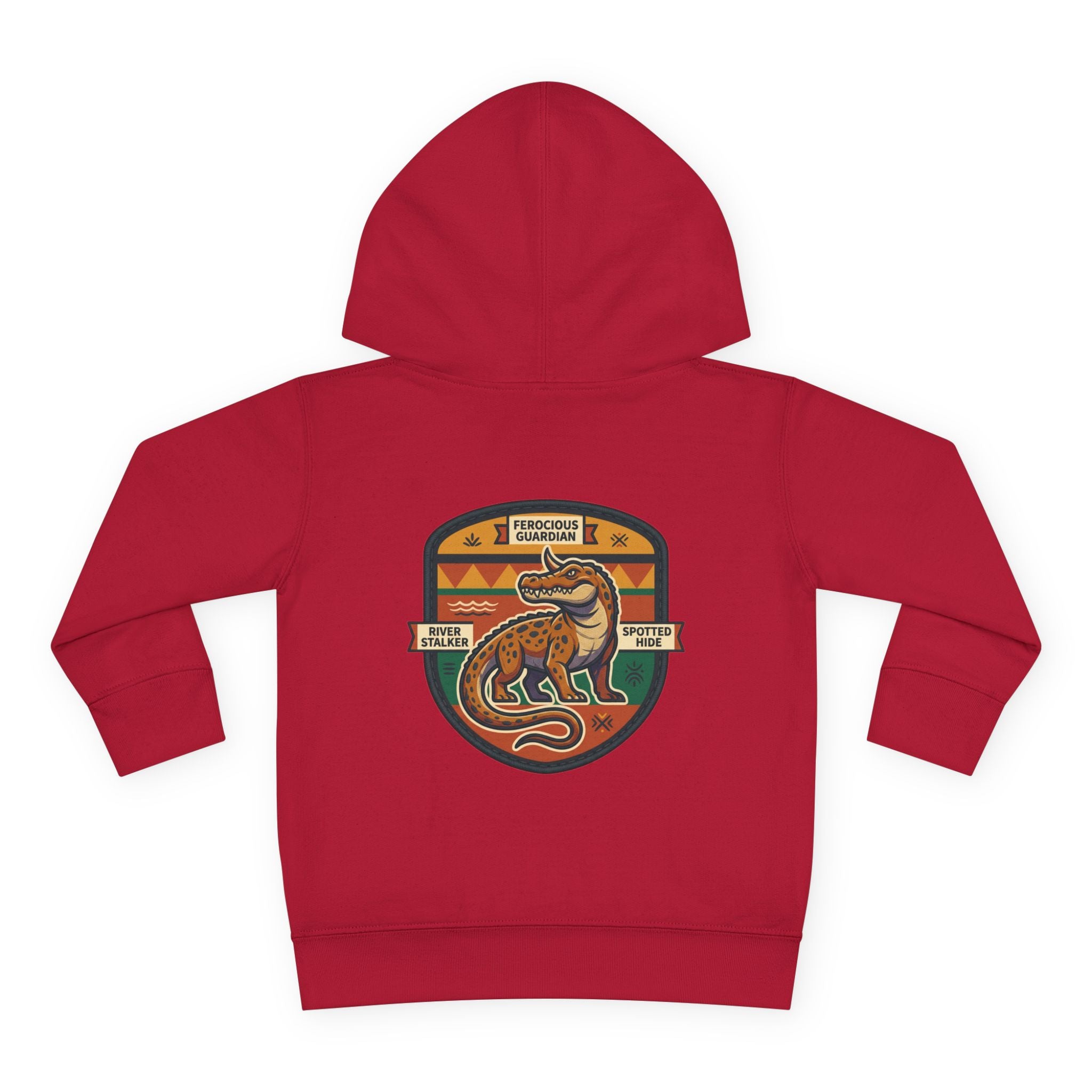 Toddler Hoodie — Retro Dinosaur Badge Pullover ("afrorodim" Chest Logo)