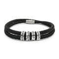 Engraved Black Braided Leather Bracelet with Stainless Steel Beads — Personalized Message Jewelry for Men