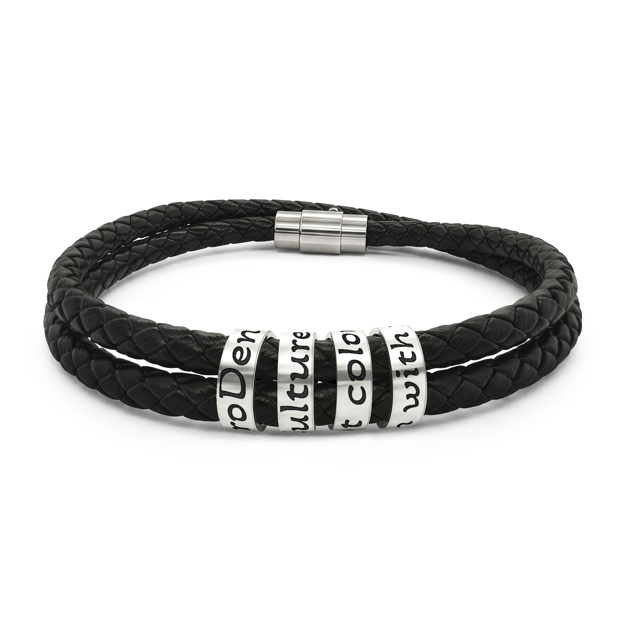 Engraved Black Braided Leather Bracelet with Stainless Steel Beads — Personalized Message Jewelry for Men