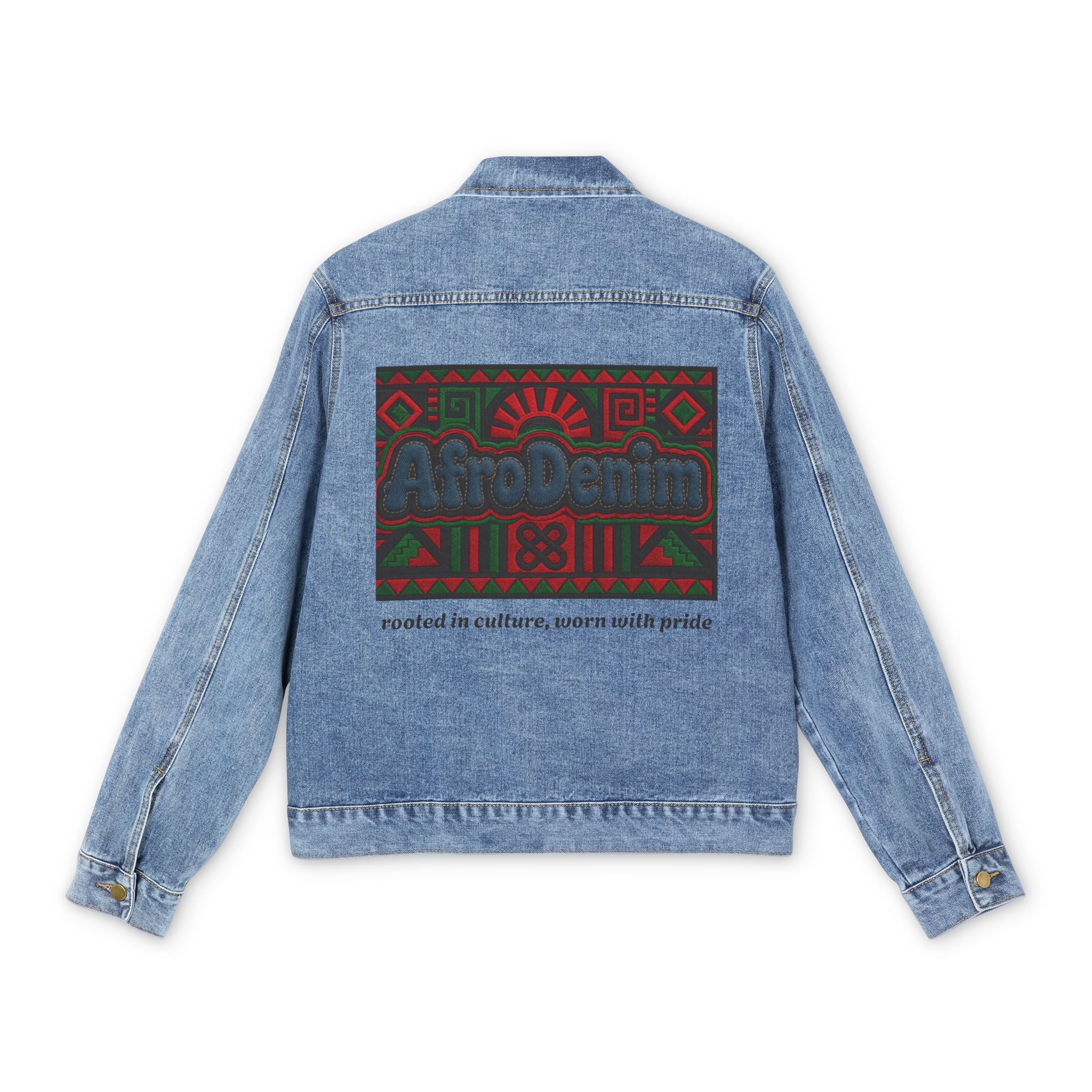 Denim Jacket — AfroDenim Printed Back Panel, Afrocentric Tribal Graphic