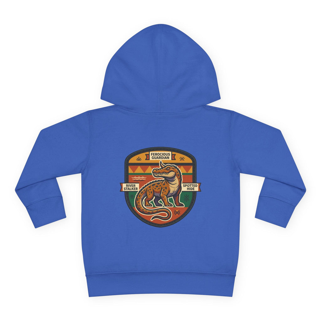 Toddler Hoodie — Retro Dinosaur Badge Pullover ("afrorodim" Chest Logo)