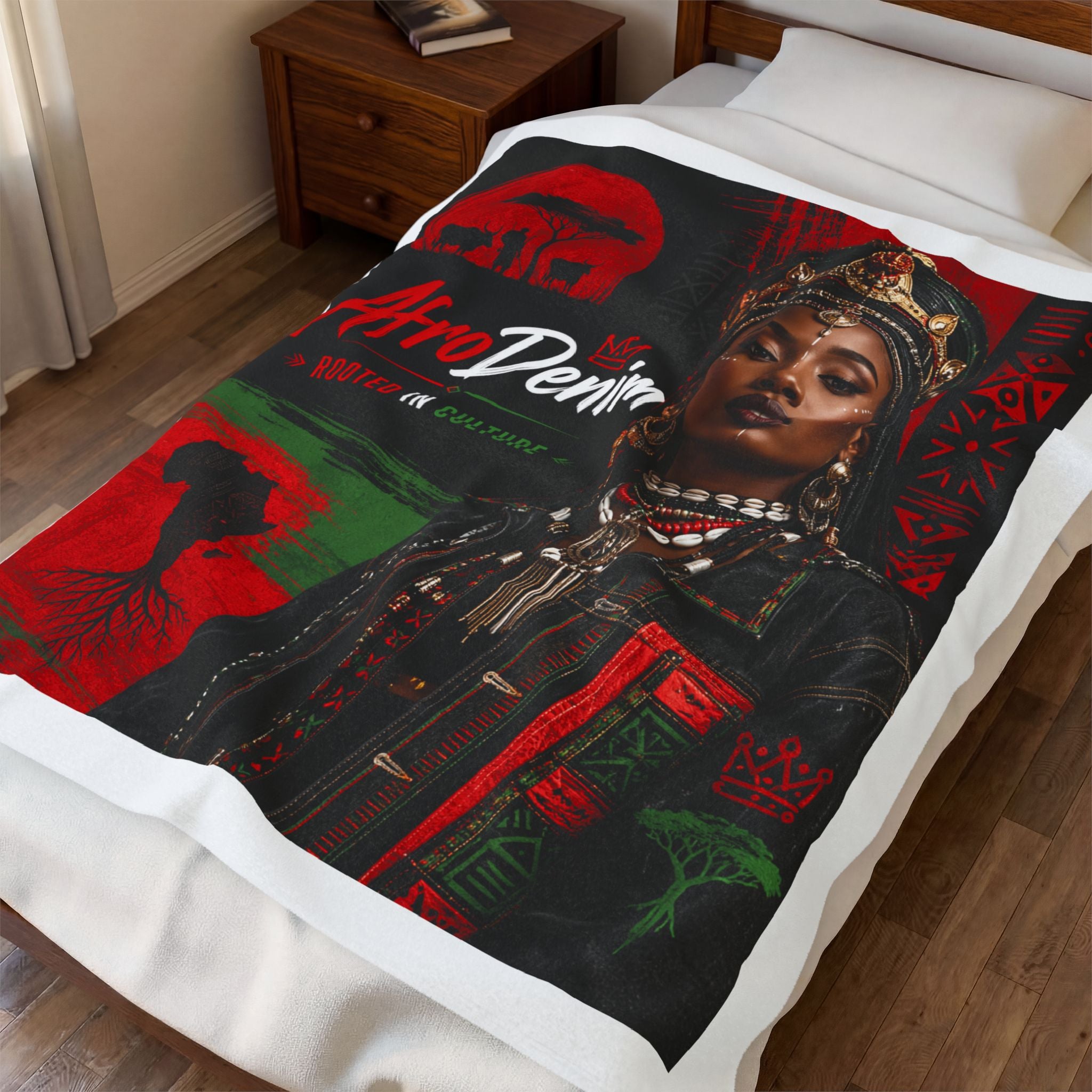 Velveteen Plush Blanket - AfroDenim “Rooted in Culture” African Queen Throw