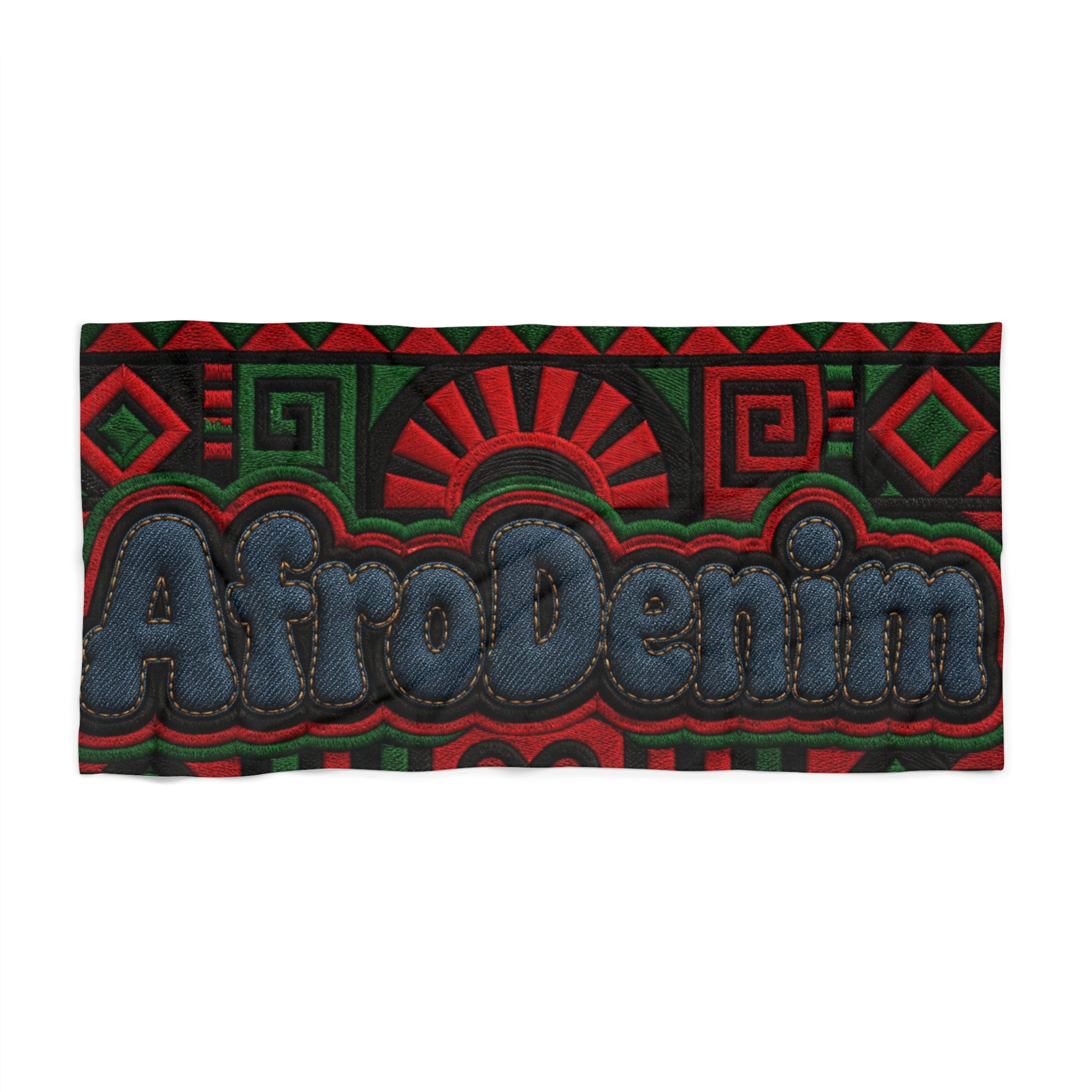 AfroDenim Beach Towel — Bold Afrocentric Pattern, Red & Green Tribal Sun Design