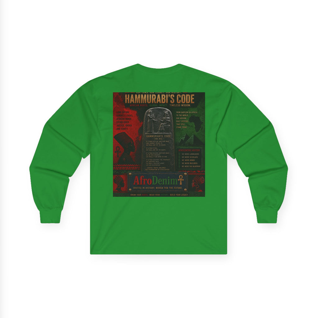 Long Sleeve Tee — Hammurabi's Code AfroDenim Graphic
