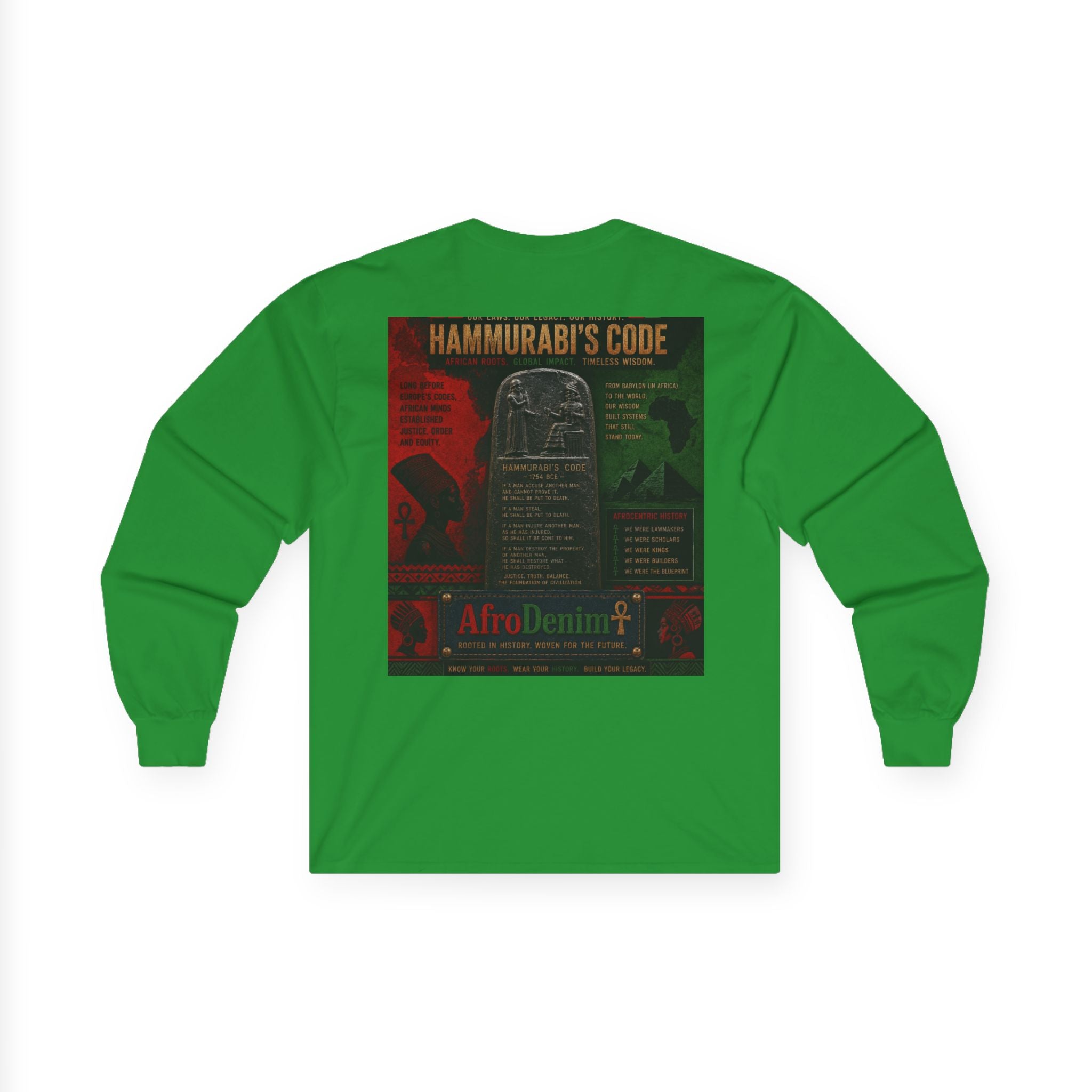 Long Sleeve Tee — Hammurabi's Code AfroDenim Graphic
