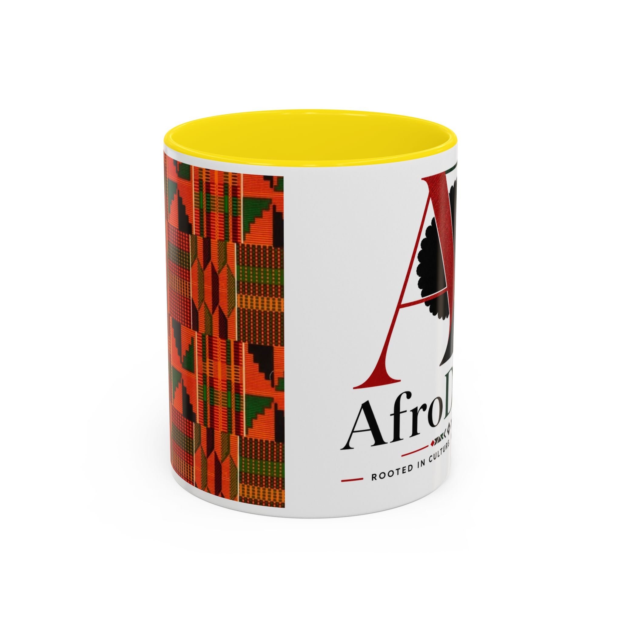 AfroDenim Accent Coffee Mug – Kente Stripe & Afro Silhouette (11/15oz)
