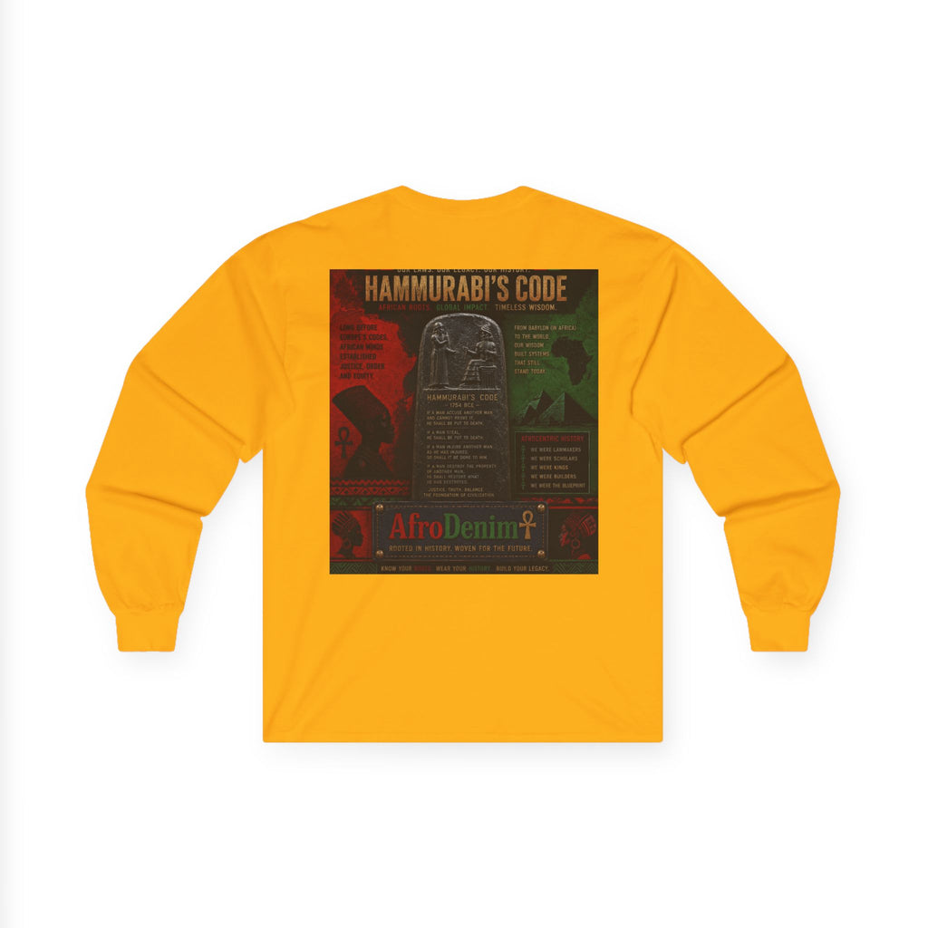 Long Sleeve Tee — Hammurabi's Code AfroDenim Graphic