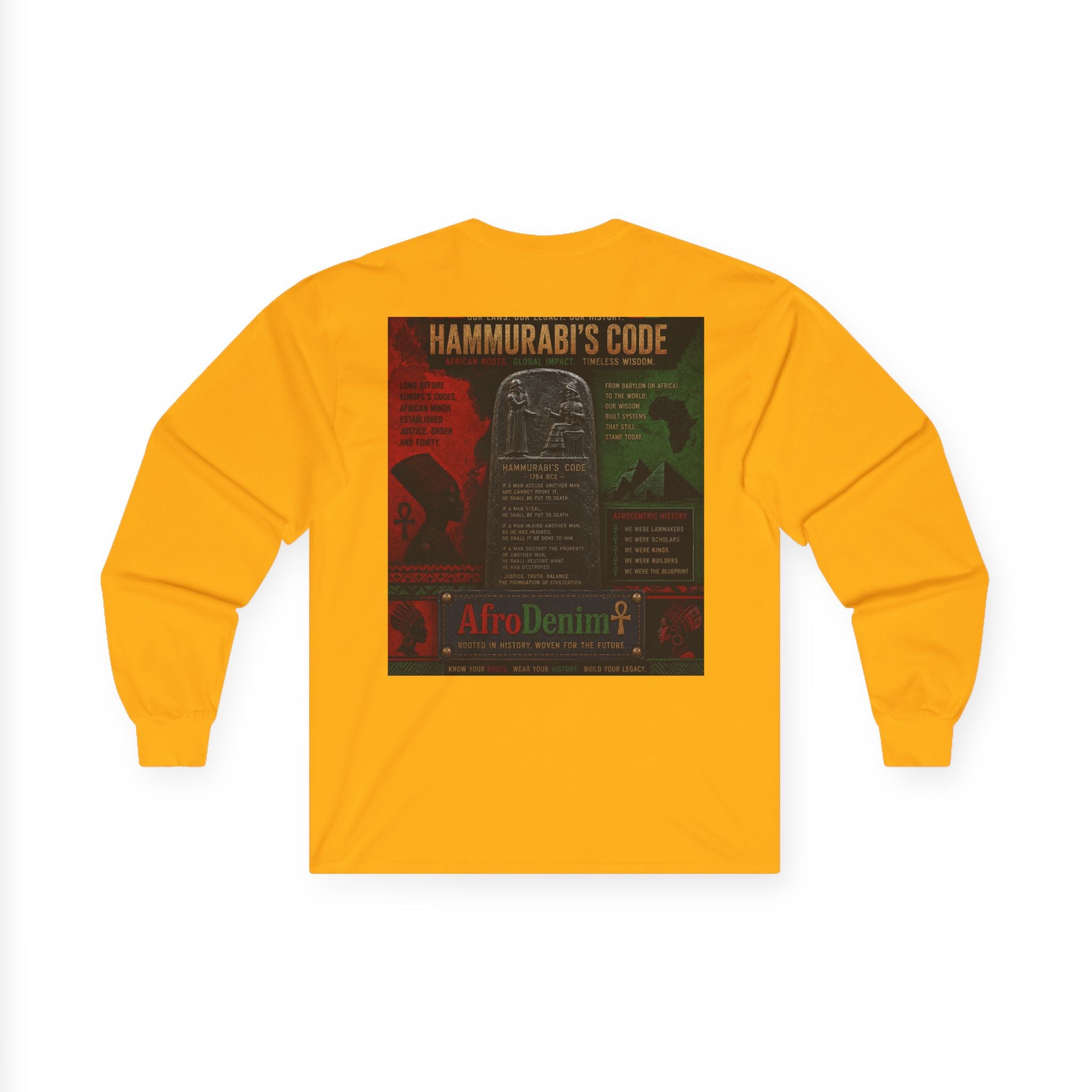 Long Sleeve Tee — Hammurabi's Code AfroDenim Graphic
