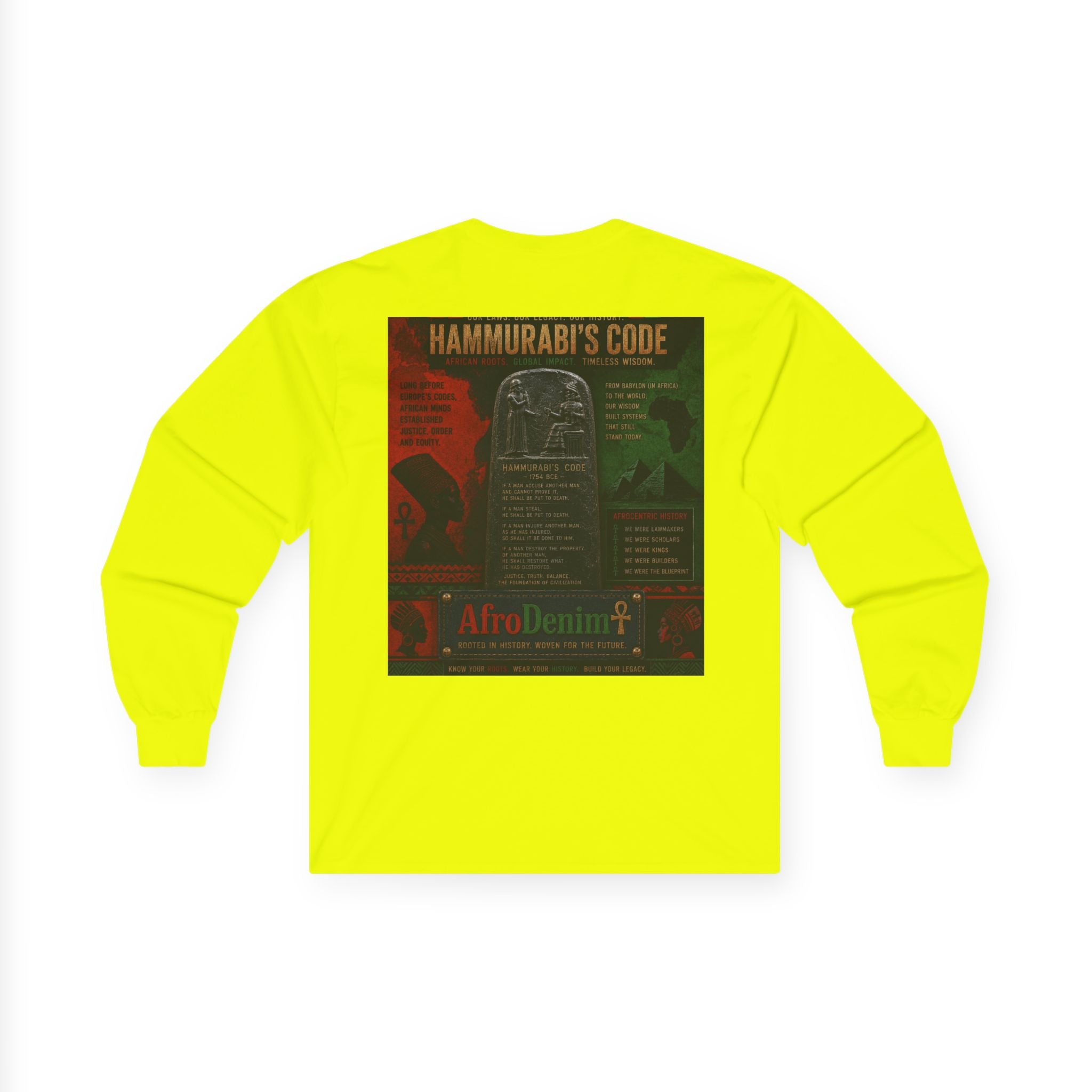 Long Sleeve Tee — Hammurabi's Code AfroDenim Graphic