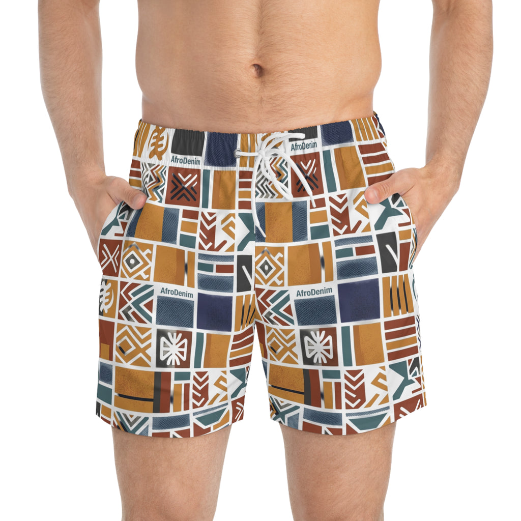 AfroDenim Ethnic Tile Swim Trunks – Colorful Mudcloth Patterned Beach Shorts