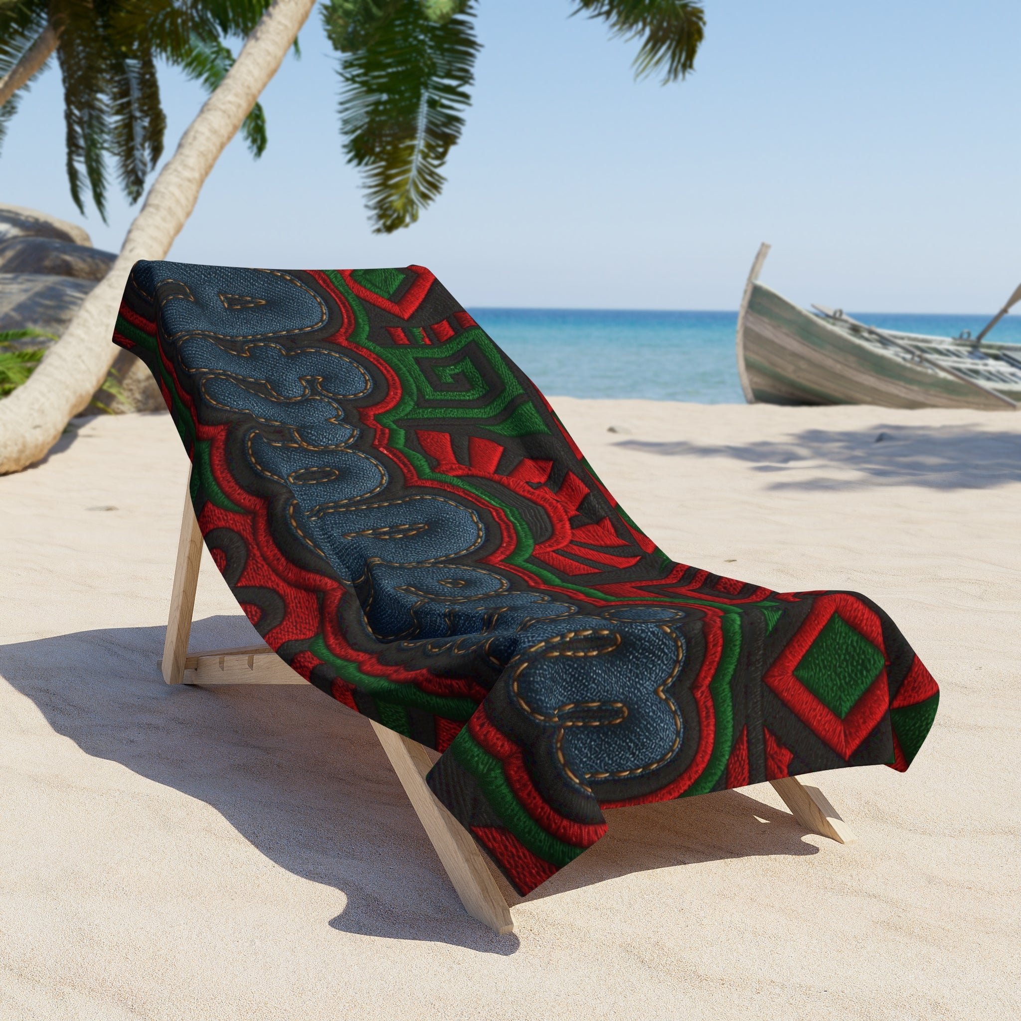 AfroDenim Beach Towel — Bold Afrocentric Pattern, Red & Green Tribal Sun Design