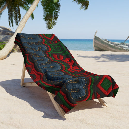 AfroDenim Beach Towel — Bold Afrocentric Pattern, Red & Green Tribal Sun Design