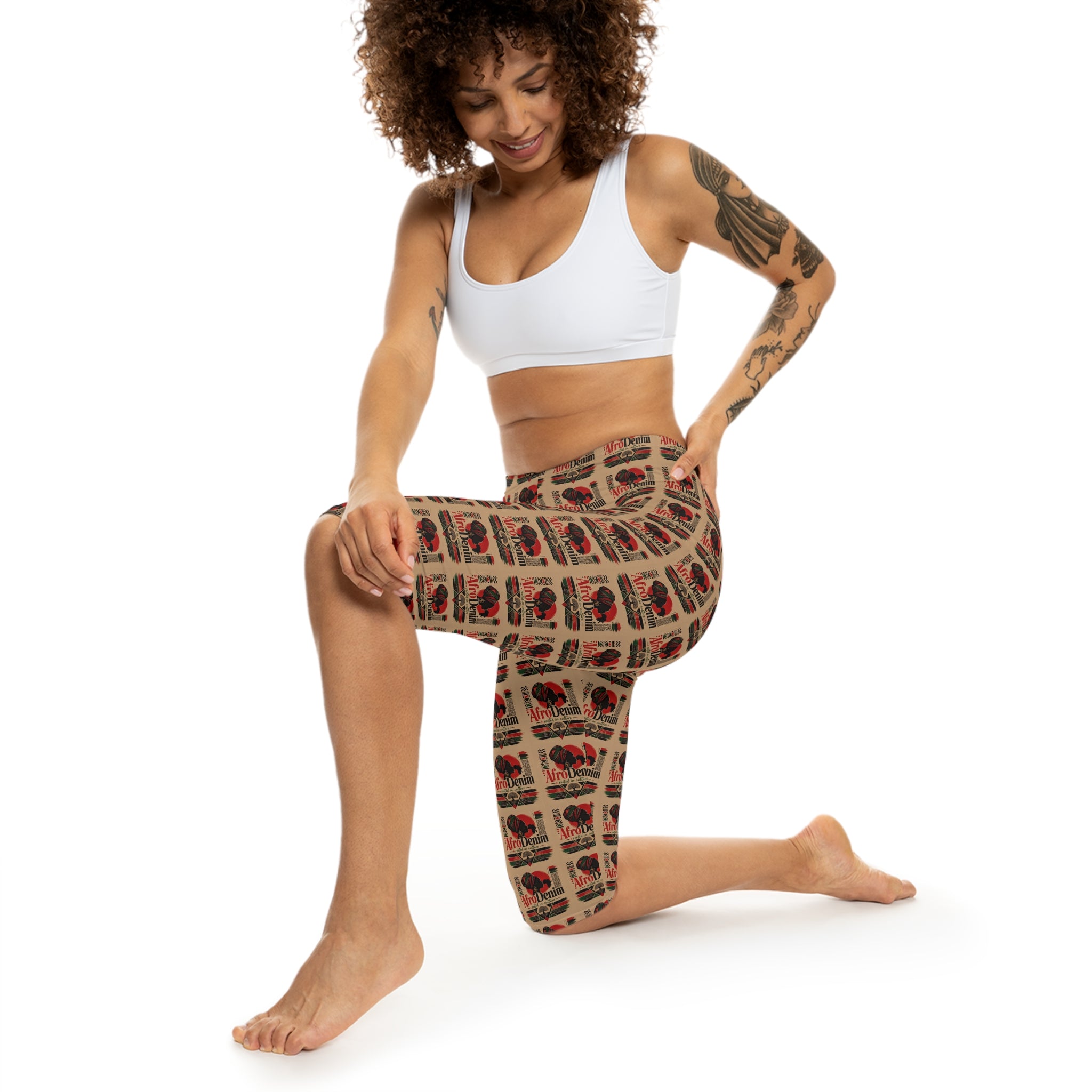 Capri Leggings — Retro Afro Denim Pattern (All-Over Print)